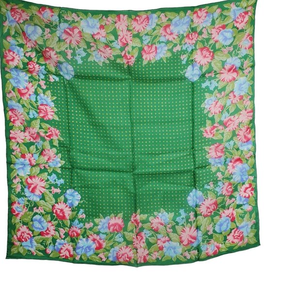 Vintage Silk Scarf Square Green Pink Floral Polka Dot 29"  Hand Rolled - Picture 1 of 10